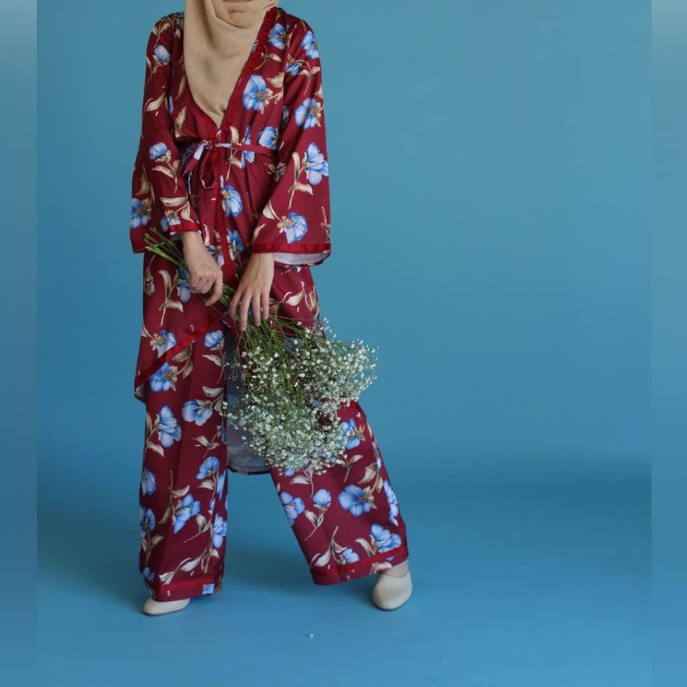 Maroon Floral Pajama midi cardigan and pant set